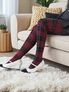 1双女士红黑格子紧身裤 - 复古英伦风打底裤，高弹舒适，适合搭配校服和日常穿着，打造纤细腿部线条 - 紅色 - 查看 6