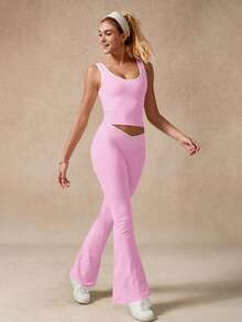 Top de yoga y pantalones largos para mujer - Tejido transpirable y elástico, ajuste cómodo sin restricciones - Ideal para yoga, meditación, entrenamiento en gimnasio y actividades físicas diarias - Rosa - Ver 3