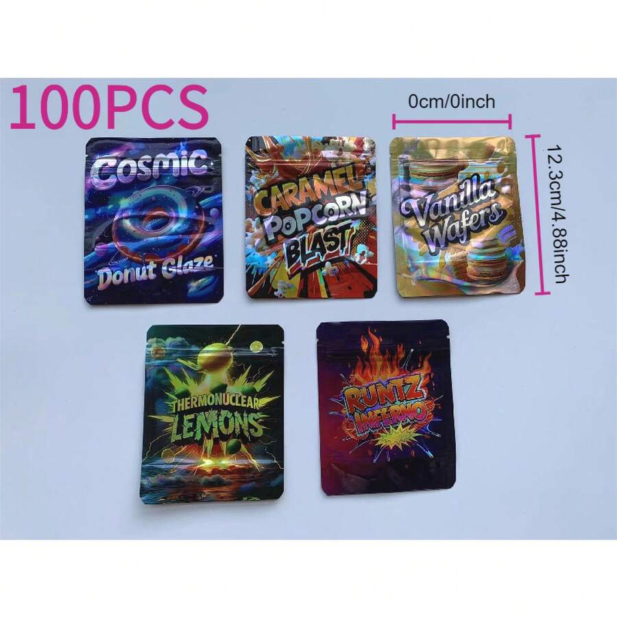 100 Pcs Mylar Bags, 3.5g Mylar Bags, Plastic Bags, Reusable Ziplock Bags, Candy Bags, Soft Candy Bags, Snack Bags, Storage Bags For Events And Parties, Great For Packaging Fun Props - 10 Random Styles Mixed Pack - 100件 - 查看 1