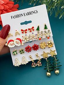 12-36pcs Metal Rhinestone Christmas Santa Claus, Bow, Snowflake, Reindeer Pendant Earrings Set, Unique Jewelry Accessories For Women, Suitable For Christmas, Party, Events