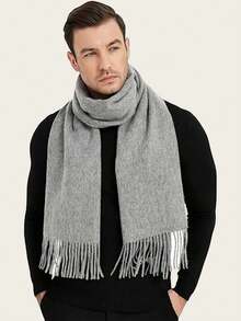 1pc Men's Long Solid Color Scarf, Classic Autumn/Winter Tasseled Scarf With Soft Cashmere Feel, Neck Wrap Shawl, Black And Grey - Multicolor - View 5