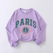 1件女童長袖圓領套頭上衣，印有「Paris」圖案，舒適時尚休閒，適合年輕女孩/青少年女孩/青少年的秋冬新款上衣 - 紫色 - 查看 2