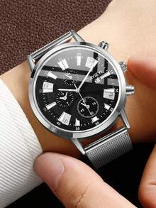 1pc Casual Men's Quartz Watch, Minimalist Round Dial, Metal Mesh Strap, Best Gift For Men, Suitable For Holidays And Daily Wear - Silver - View 2