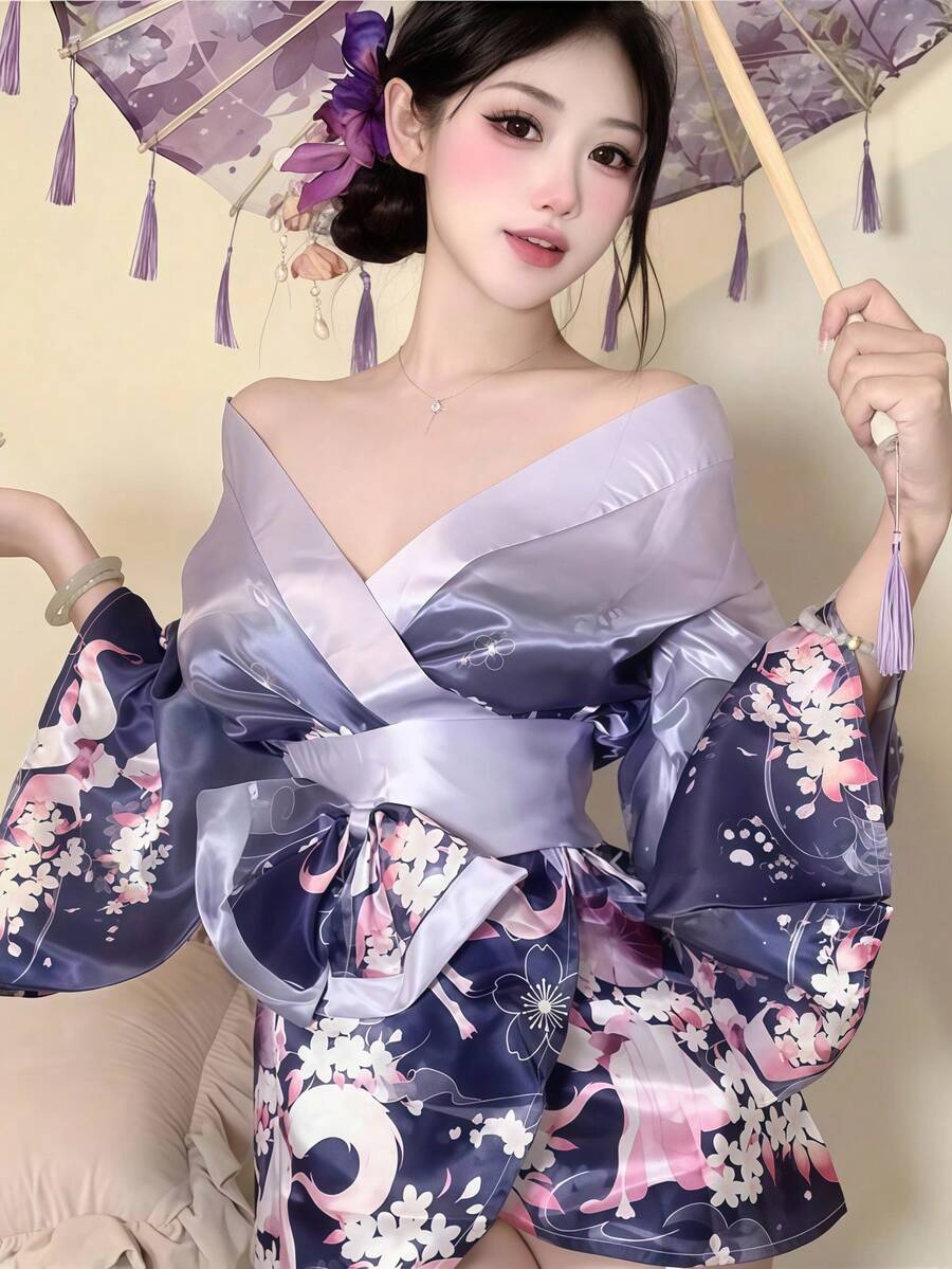 一套日式樱花女仆性感清纯和服连衣裙套装，适合节日、派对、表演、拍照等场合，仅包含连衣裙。