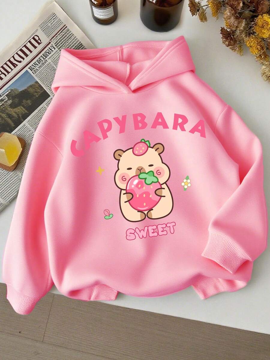 女童休闲卡通印花保暖卫衣，秋冬季 - 粉色 - 查看 1