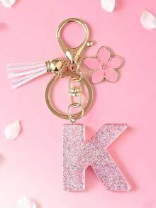 1pc DIY Pink 26 English Alphabet Keychain, Resin Glitter Flower Tassel Key Chain For Women Christmas Gift