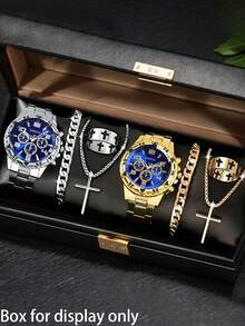 8件套男士金银商务时尚腕表套装，包含两套首饰和两块手表，锌合金表带，大圆形表盘，适合作为礼物、宴会、派对、圣诞节和万圣节礼物。 - 8件 - 查看 1