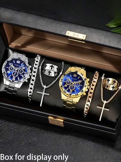 8件套男士金银商务时尚腕表套装，包含两套首饰和两块手表，锌合金表带，大圆形表盘，适合作为礼物、宴会、派对、圣诞节和万圣节礼物。
