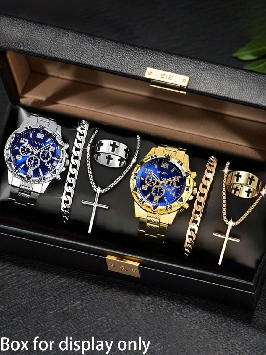 8件套男士金银商务时尚腕表套装，包含两套首饰和两块手表，锌合金表带，大圆形表盘，适合作为礼物、宴会、派对、圣诞节和万圣节礼物。 - 8件 - 查看 1