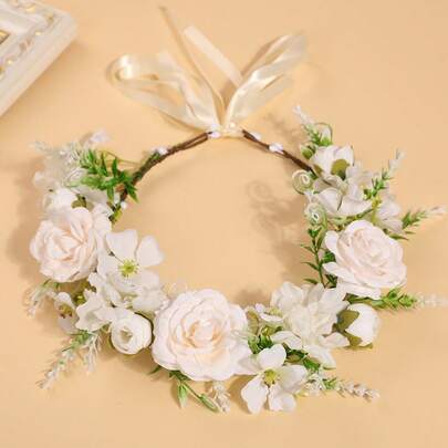 1件粉色玫瑰花波西米亚风新娘花环，浪漫婚礼季装饰，可作皇冠、头饰、头花环、发饰、发圈，夏威夷风情女装