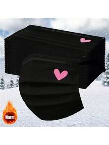 10/20/30pcs Set Cute Pink Heart Print Face Masks - Elastic Breathable Black Masks, Suitable For Women & Teens, Washable, Fashionable Daily Accessory, Interesting Design, Comfortable To Wear - Multicolor - View 1