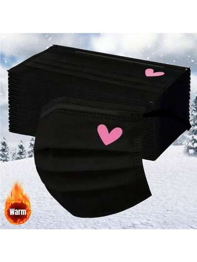 10/20/30pcs Set Cute Pink Heart Print Face Masks - Elastic Breathable Black Masks, Suitable For Women & Teens, Washable, Fashionable Daily Accessory, Interesting Design, Comfortable To Wear