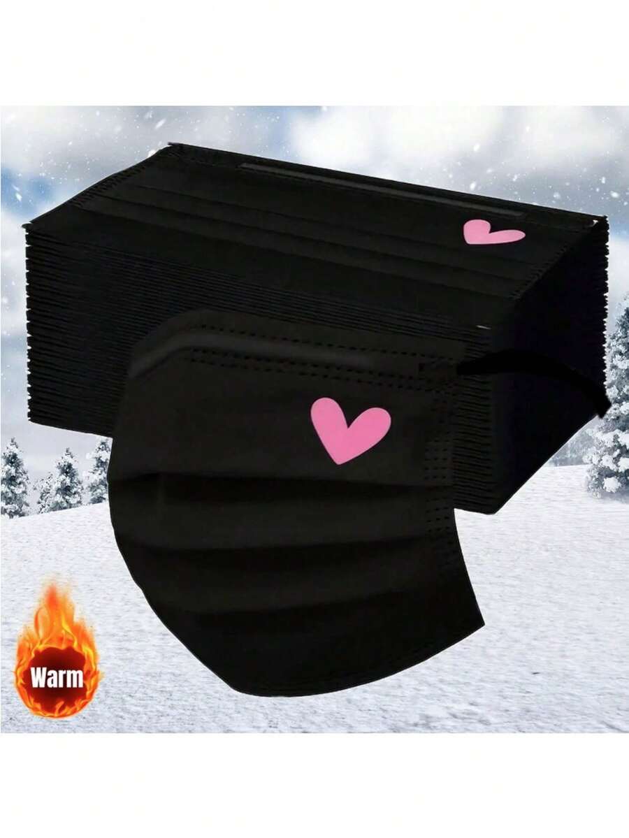 10/20/30pcs Set Cute Pink Heart Print Face Masks - Elastic Breathable Black Masks, Suitable For Women & Teens, Washable, Fashionable Daily Accessory, Interesting Design, Comfortable To Wear - Multicolor - View 1