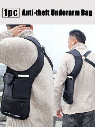 1 st stöldskyddande armhålsväska, dold axelhölsterförvaring med packficka, mångsidig män kvinnor dubbel axelremsväska för armhålan, läderfodral surfplatta korthållare plånbok herrbröstväska axelväska för resor utomhus