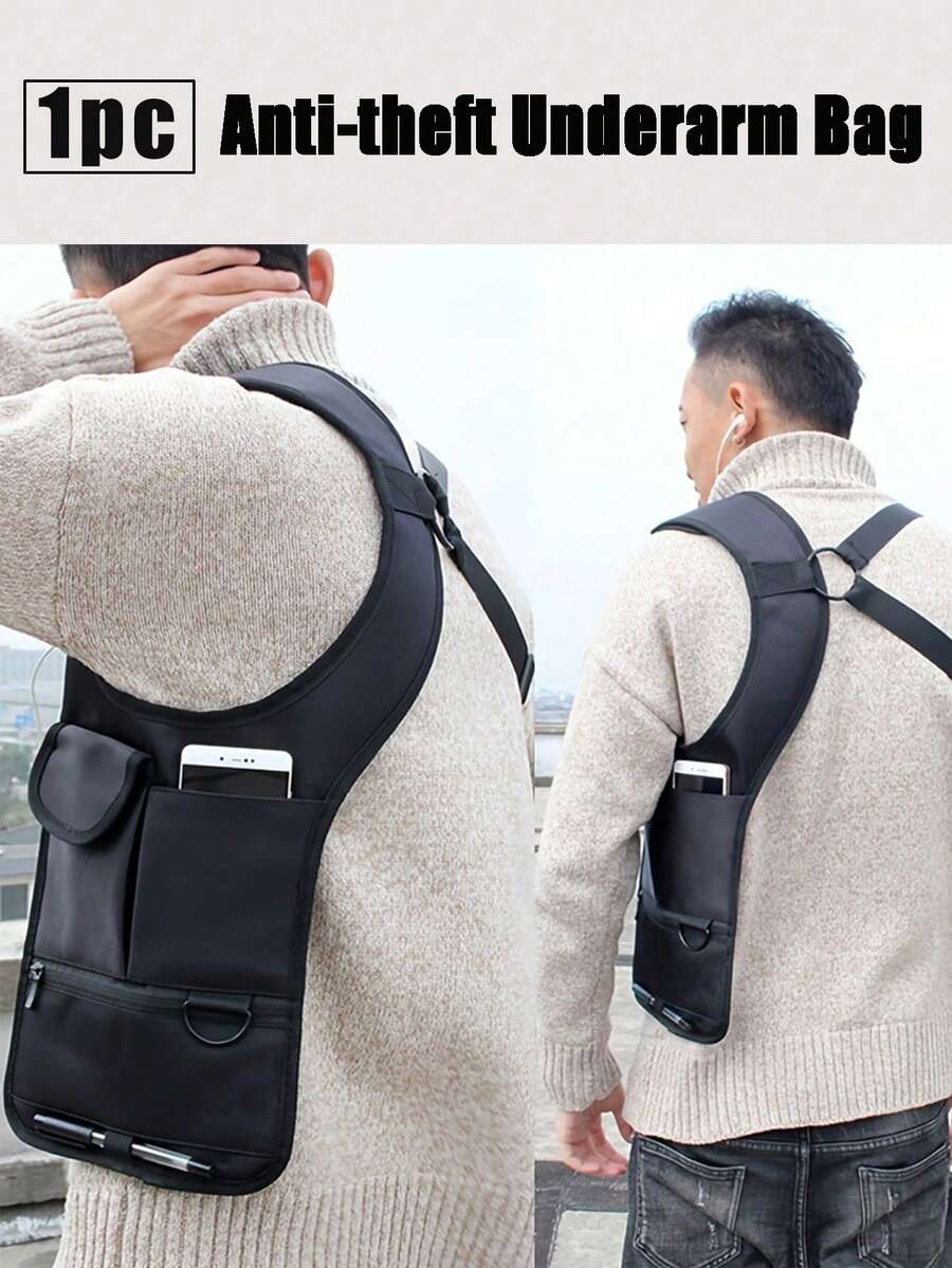 1 件防盗腋下包，隐藏式单肩枪套收纳带背包口袋，多用途男女双肩腋下战术包，皮革保护套平板电脑卡包钱包男士胸包单肩包适合旅行户外 - 黑色 - 查看 1
