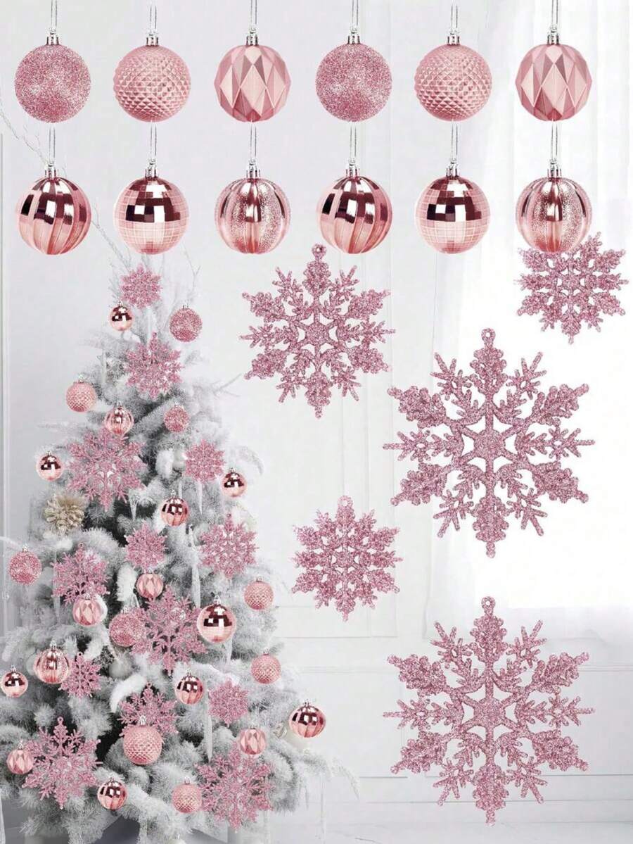 12 pièces - Boules de Noël roses, 60 mm/2,4 po Ornements d'arbre de Noël décoratifs en plastique incassable, assortiment de boules de Noël pour décorations de mariage, fête des mères, fête
