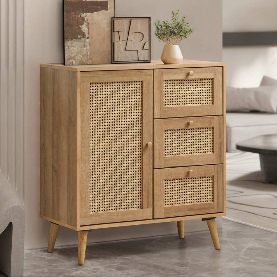 Manila Oak & PVC Rattan Compact 1 Door 3 Drawer Sideboard - Brown - View 1