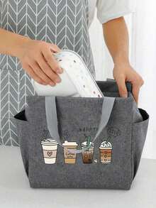 Thermal Bag, Insulated Bag With The "Four Cups Of Coffee" Pattern Paired With A Black Cutlery Storage Bag, A Double Pocket Lunch Box Bag, Large Capacity, Student Meal Insulated Refrigerated Bag, Portable Travel Picnic Bag, Office School Lunch Bag Insulated Lunch Box, Work Lunch Box, Work Office Holiday Lunch Box, And Multi-Functional Camping School Lunch Box For Both Men And Women