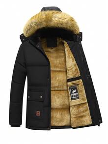 男士冬季长袖加厚羽绒服，带保暖内衬、加厚羽绒服，毛领带帽拉链 - 黑色 - 查看 1