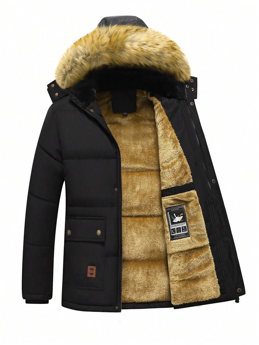 男士冬季长袖加厚羽绒服，带保暖内衬、加厚羽绒服，毛领带帽拉链 - 黑色 - 查看 1