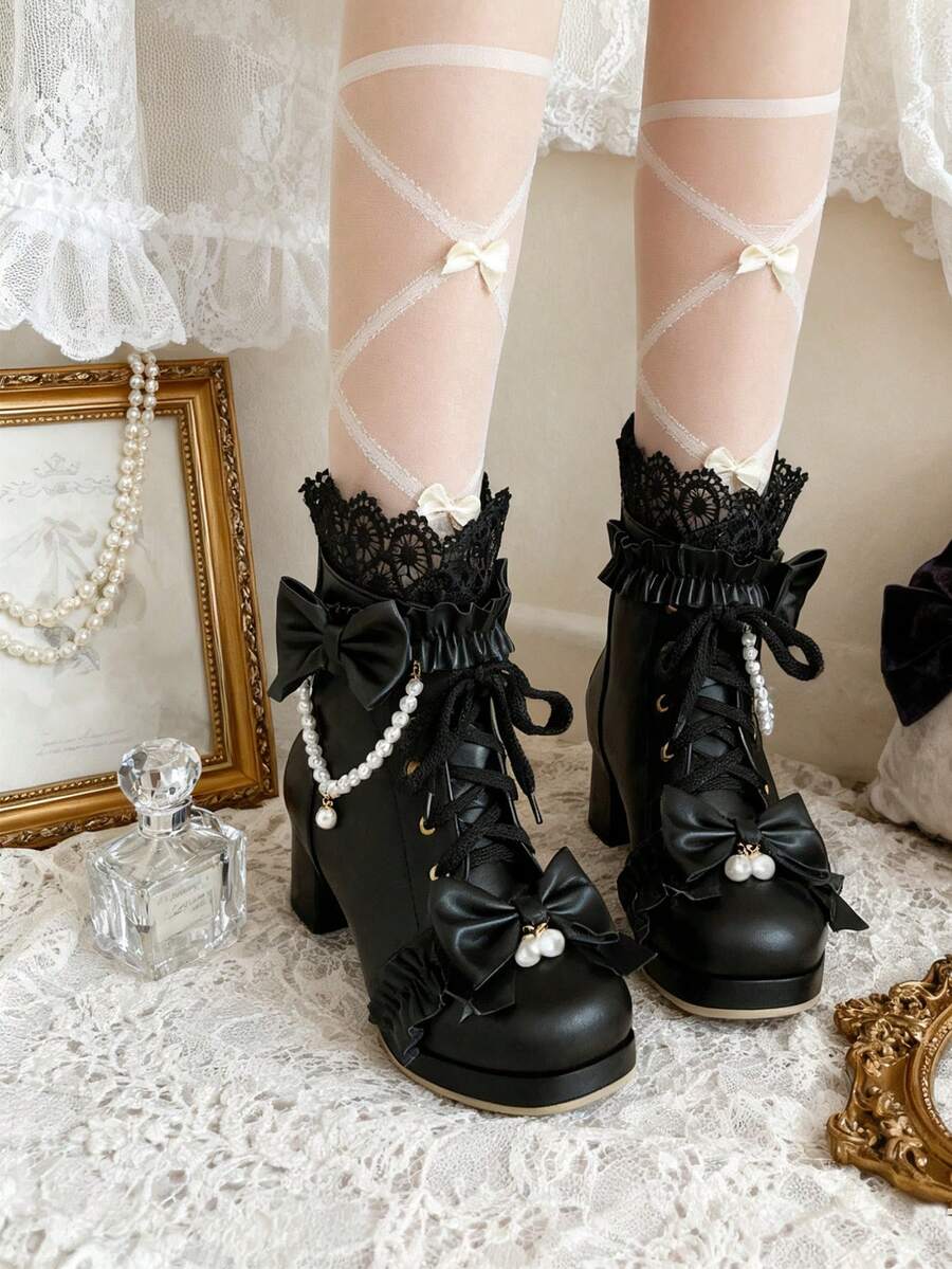 Women Cute Lolita Boots Chunky Mid Heel Ankle Boots With Bow Platform Lace Up Booties With Pearl - 黑色 - 查看 1