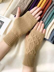 1双纯色休闲腈纶提花半指手套，秋冬针织露指手套，学生写作，保暖日常厚手套