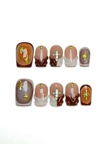10 móng tay giả acrylic thủ công dễ thương, thanh lịch cho mùa thu đông, có thể tái sử dụng, kiểu móng vuông ngắn, móng kiểu Pháp, đính đá 3D bằng nhựa, hiệu ứng ombre trắng nâu, che phủ toàn bộ móng. Bộ móng giả tuyệt vời cho sử dụng hàng ngày, hẹn hò, ngày lễ. Tặng kèm keo dán móng, dũa móng và dụng cụ làm móng. - Màu nâu Sô-cô-la - Xem 13