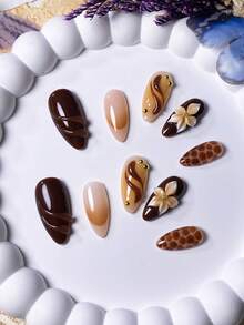 10 件手工杏仁形棕色扎染浸染法式 3D 花朵指甲贴纸，带金珠，简约法式 3D 花朵设计，可爱优雅的美甲贴花 - 彩色 - 查看 8