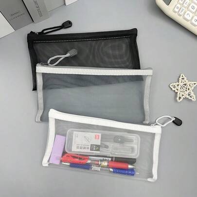 3 piezas de estuche de lápices transparente con cremallera, bolsas de maquillaje de malla de nailon, estuche de lápices, bolsa de almacenamiento de artículos de papelería para la escuela y la oficina, accesorios de viaje para cosméticos (negro, blanco, gris)