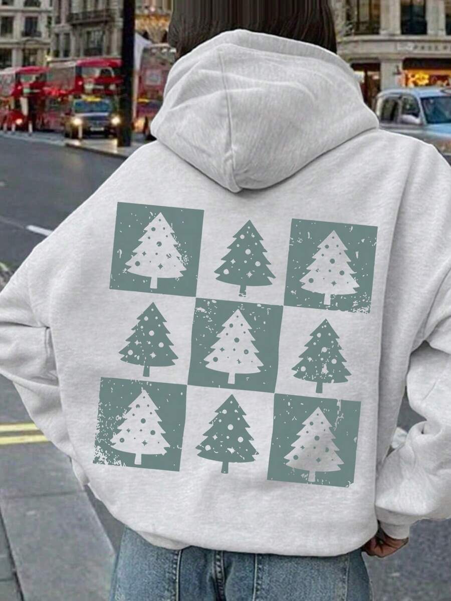 1pc Teen Girl Fresh Checkerboard Christmas Tree Print Light Gray Sweatshirt, Soft And Comfortable, Perfect For Winter Christmas Events - Grey - View 1