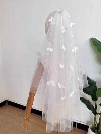 1pc High-End Butterfly Bridal Veil Headpiece, Double Layer, Elegant For Wedding Registration
