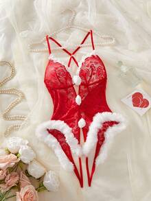 Czerwony damski, świąteczny, z dziurą, z kokardą, z ozdobnym wzorem, kombinezon Teddy, seksowny body, seksowny komplet bielizny