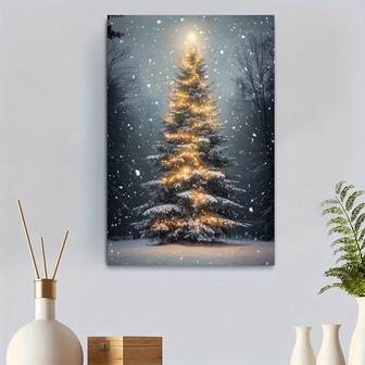 1pc, Framed Canvas Art 30*40cm/ (12"X16") Snowy Christmas Tree With Lights, Winter Holiday Wall Art, Ideal For Living Room, Bedroom, Or Office Festive Decor