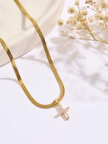 1 件不锈钢刀片链项链，带微镶嵌方晶锆石十字架吊坠，女士项链（无礼品盒）