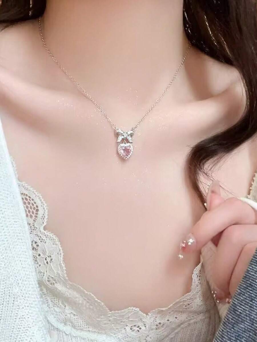 1pc Pink Zirconia Heart & Bow Tie Pendant Necklace, Sweet & Chic Clavicle Chain For Women