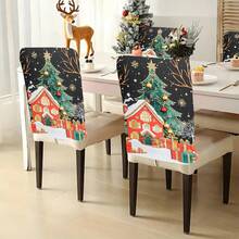 1 pièce/4 pièces/6 pièces/10 pièces Étoile de dessus de sapin de Noël, ornement doré et rouge, maison, boîte-cadeau imprimés. Housse de chaise en peluche courte amovible et douce pour la protection des chaises de salle à manger, salon, toutes saisons, décoration de fête