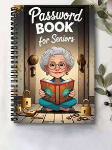 1 Stück 5,5 x 8,3 Zoll Cartoon Spiralpasswortbuch für Senioren - Notizbuch mit Schloss-Design und Seniorencharakter-Kunst, sicherer Passwort- und Login-Organizer für Internet, Computer, Zuhause oder Büronutzung, Sicherheitswerkzeug für Senioren, verspieltes Coverdesign, sicherheitsthematisches Design, abschließbares Notizbuch