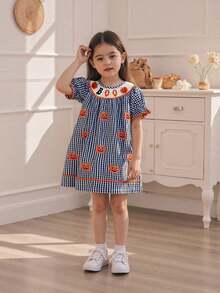 Little Girl Halloween Plaid Dress Pumpkin Letter Ric Rac Trim Short Sleeve A-Line Dress Cute Fall Clothes