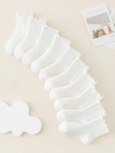 10/5 Pairs Children/Girls/Babys Solid Color Frill Trim Socks, All Season White Lace Edge Socks, Fashionable Soft & Breathable Sports Socks, Casual Versatile Ruffle Socks, Suitable For Students Daily Wear, Holidays Gift, Outdoor Travel, Back To School, Campus, Sports, Classroom, New Semester, Students, Back To School Season, Random Color & Style
