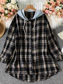 Camisa con capucha de botones delanteros y cordón, con parches a cuadros, para mujer de talla grande, color negro, para primavera - Negro - Ver 3