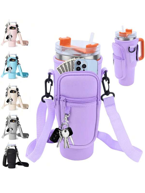 Wasserflasche Tragetasche mit Handyfach für 1,2 Liter Thermobecher mit Griff,, Wasserflaschen-Halter Tasche mit verstellbarem Riemen kompatibel mit Becher Zubehör, geeignet für Wandern, Reisen, Camping, Sport Wasserflasche Isoliertasche Umhängetasche