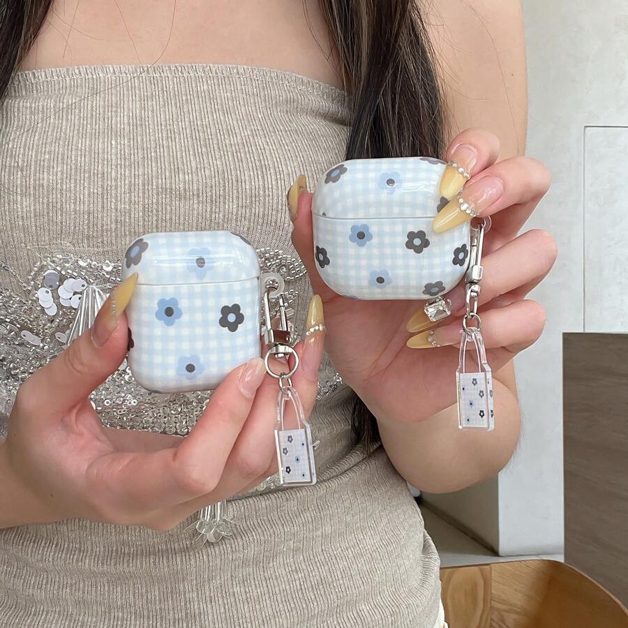 1 set husă de căști albastră în carouri și design floral, compatibilă cu Apple 1/2/3/4, husă de protecție pentru căști wireless Bluetooth Pro 2