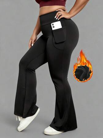 Plus Size Women's Autumn/Winter Flared Pants, Fashionable Workout Thermal Lined High Waist Slimming Yoga Leggings, Casual Skinny Pants With Pockets, Suitable For -5°C