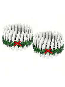 1 套 35 英寸微型圣诞村花园围栏，白色尖桩篱笆，配有节日蝴蝶结和常绿花环，装饰性人造木质屏障，适用于季节性家居和童话花园装饰 - 彩色 - 查看 9