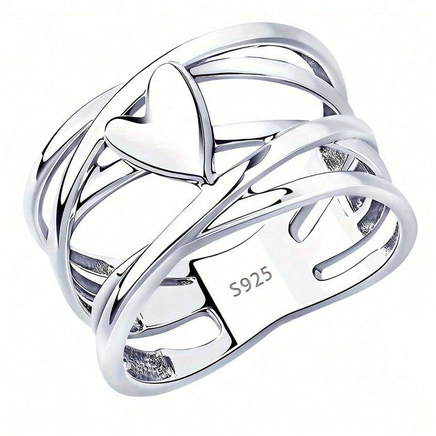 Nhẫn hình trái tim bạc Sterling 925 phong cách Pháp sang trọng, thiết kế độc đáo, trang sức thời trang nữ, hoàn hảo cho phụ kiện hàng ngày và tiệc tùng - Bạc - Xem 1