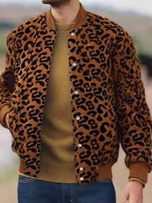 男士棕色和黑色豹纹罗纹袖口和下摆双口袋纽扣设计夹克，毛绒面料厚实保暖柔软舒适休闲装，秋冬新款长袖羊毛外套 - 銅色 - 查看 6