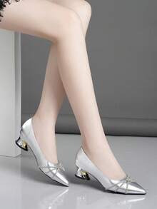 Fall/Winter Rhinestone Strap Low Vamp High-End Women's Fashion Comfortable Versatile Chunky Heel Pumps, Elegant - Silver - View 3