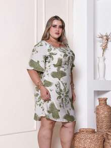 Women's Plus Size Printed Short Midi Dress - Verde EST - Ver 3