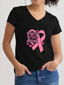 Women's V-Neck T-Shirt With No One Fights Alone Pink Ribbon Design For Breast Cancer Awareness - Casual Short Sleeve Tee - Soft Cotton Blend - Comfortable Fit - Perfect For Everyday Wear And Supportive Message - màu đen - Xem 2
