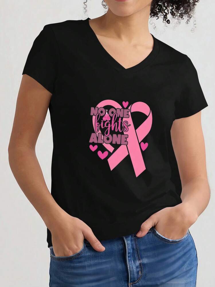 Women's V-Neck T-Shirt With No One Fights Alone Pink Ribbon Design For Breast Cancer Awareness - Casual Short Sleeve Tee - Soft Cotton Blend - Comfortable Fit - Perfect For Everyday Wear And Supportive Message - 黑色 - 查看 2